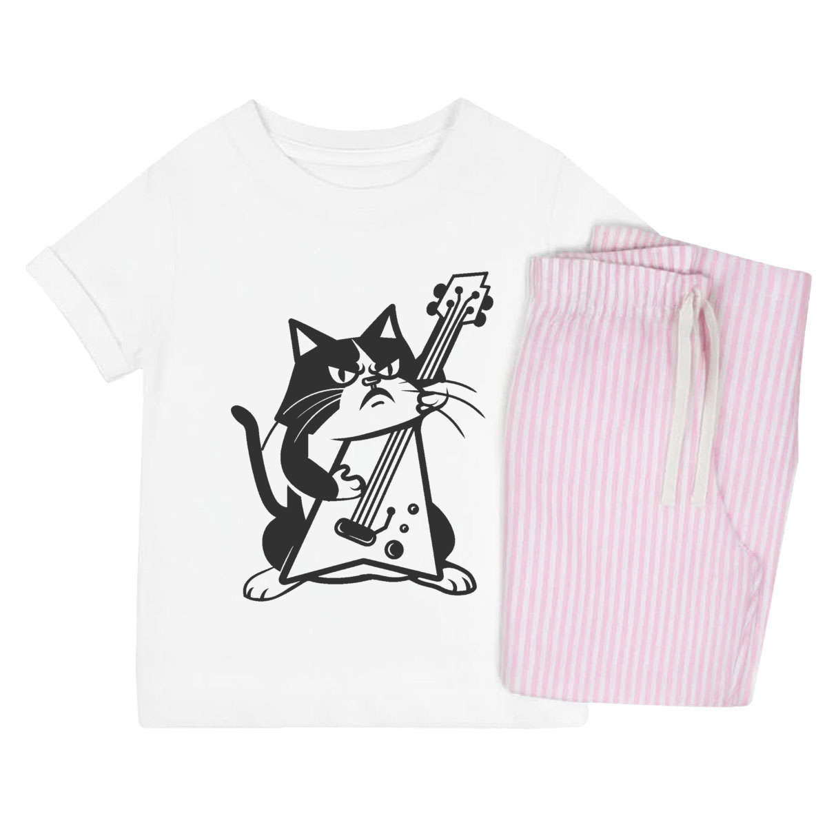 'Mad Cat Playing Electric Guitar' Kids Cotton Pyjama Set – Comfortable Children's Nightwear, Sleepwear and Loungewear -  Unisex for Boys and Girls - Pink, 3-4 Years (KP00351996)