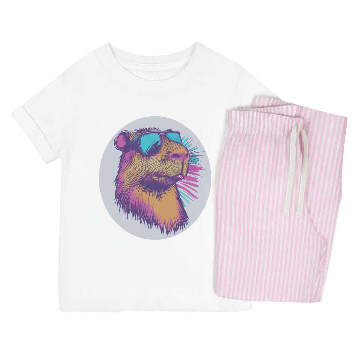 'Capybara Wearing Sunglasses ' Kids Cotton Pyjama Set – Comfortable Children's Nightwear, Sleepwear and Loungewear -  Unisex for Boys and Girls - Pink, 3-4 Years (KP00366518)