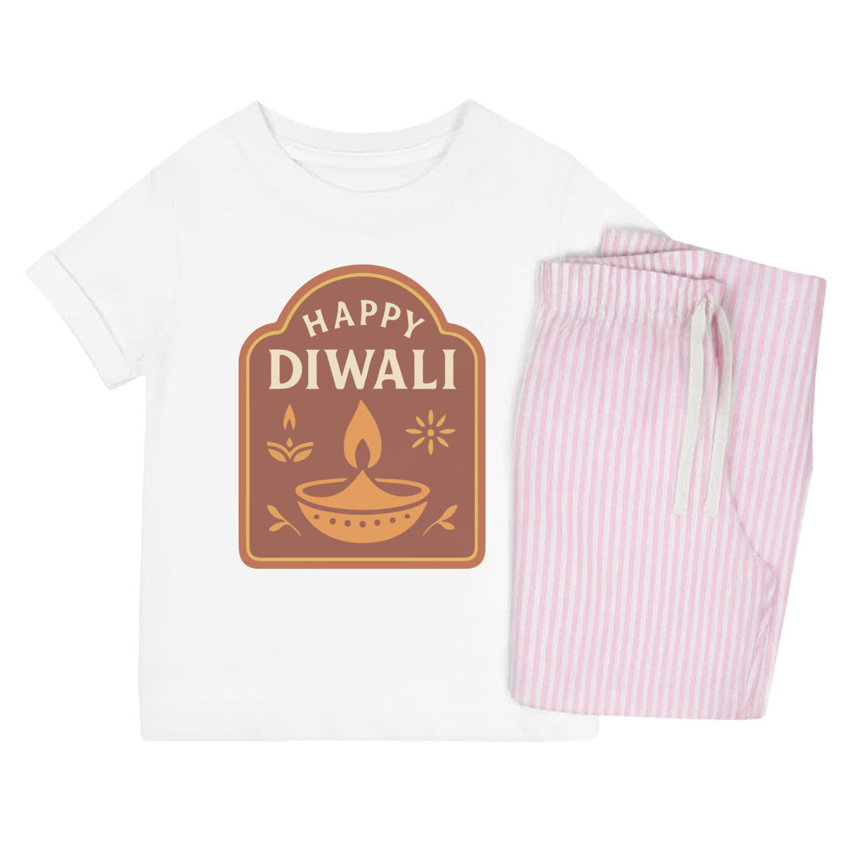 'Happy Diwali Celebratory Design' Kids Cotton Pyjama Set – Comfortable Children's Nightwear, Sleepwear and Loungewear -  Unisex for Boys and Girls - Pink, 7-8 Years (KP00399361)