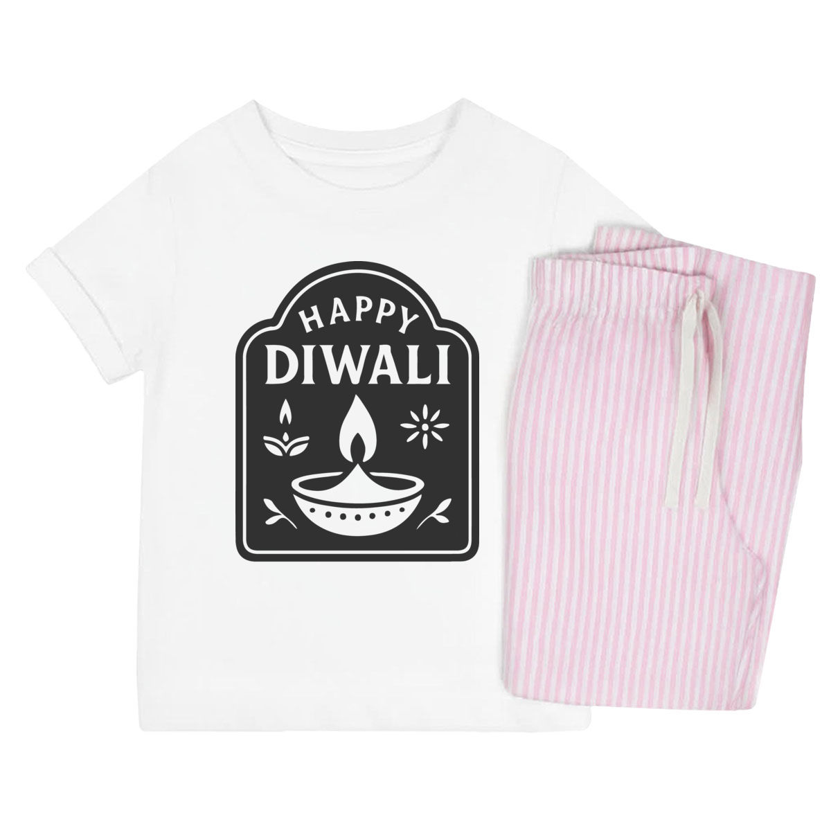 'Happy Diwali Celebratory Design' Kids Cotton Pyjama Set – Comfortable Children's Nightwear, Sleepwear and Loungewear -  Unisex for Boys and Girls - Pink, 7-8 Years (KP00399371)