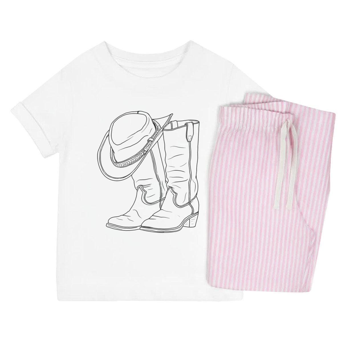 'Cowboy Boots & Hat' Kids Cotton Pyjama Set - Pink, 9-10 Years - Children's Nightwear / Sleepwear for Boys and Girls (KP00309910)