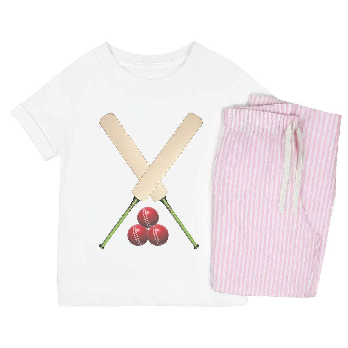 'Cricket Bats and Balls' Kids Cotton Pyjama Set - Pink, 9-10 Years - Children's Nightwear / Sleepwear for Boys and Girls (KP00360932)