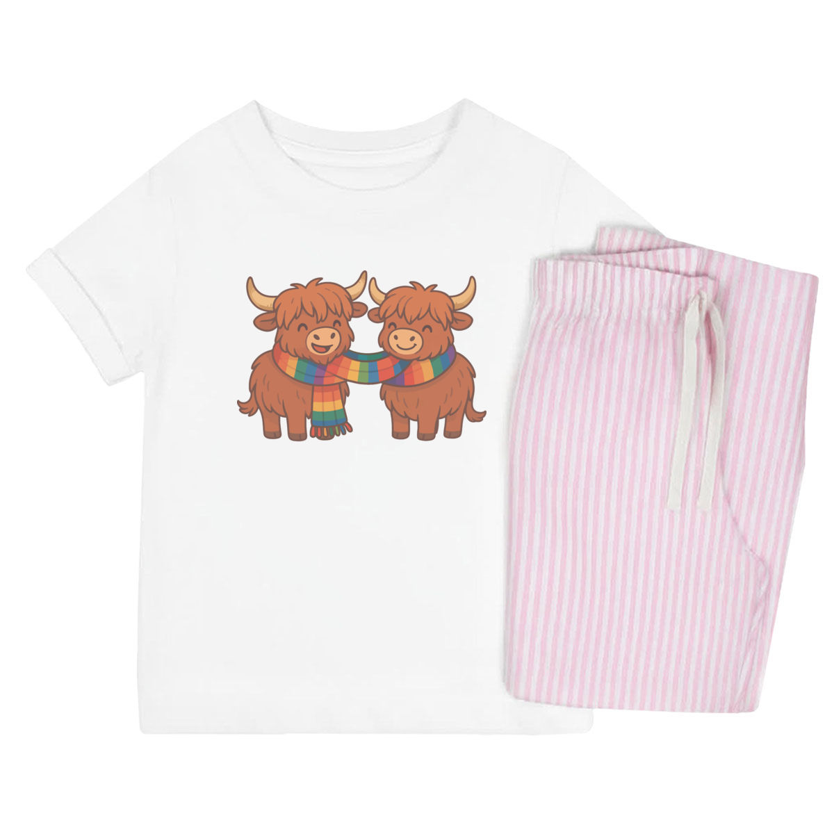 'Winter Highland Cows' Kids Cotton Pyjama Set - Pink, 9-10 Years - Children's Nightwear / Sleepwear for Boys and Girls (KP00411585)