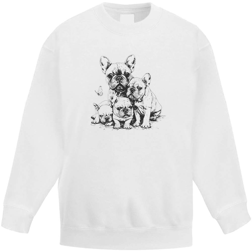 'Bulldog Mum & Puppies' Kids Sweatshirt / Jumper - White, 12-13 Years - Childrens Top for School, Sports, Play and Outdoor Wear (KW00167556)
