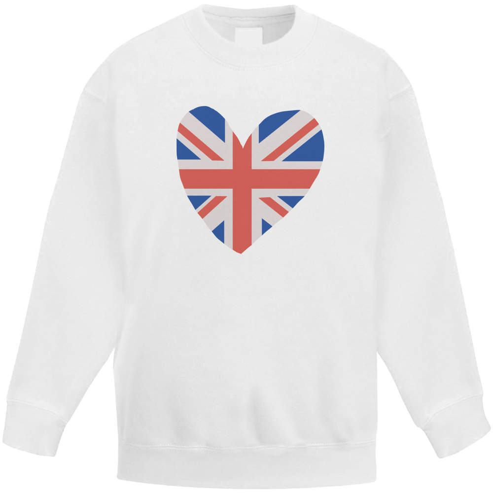 'Union Jack Heart' Kids Sweatshirt / Jumper - White, 12-13 Years - Childrens Top for School, Sports, Play and Outdoor Wear (KW00172542)