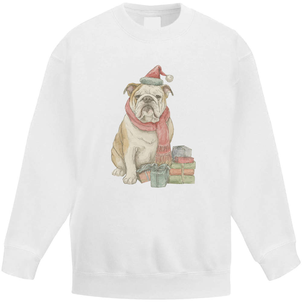 'Christmas Bulldog & Gifts' Kids Sweatshirt / Jumper - White, 12-13 Years - Childrens Top for School, Sports, Play and Outdoor Wear (KW00210659)