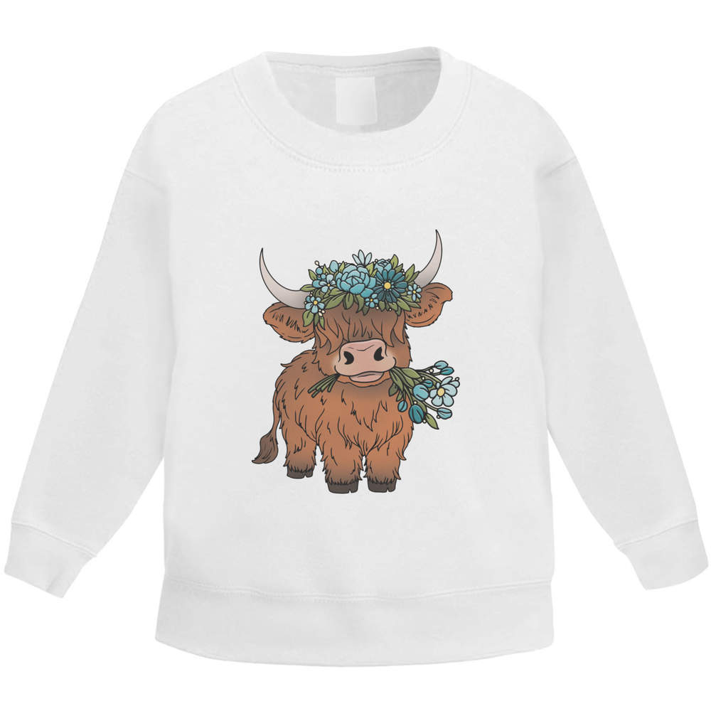 'Highland Cow With Flowers' Kid's Sweatshirt / Sweater / Jumper (KW050179)