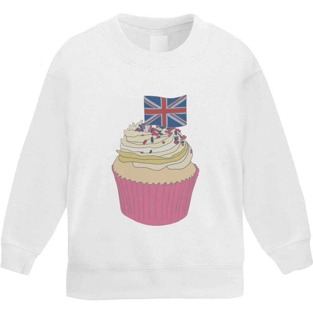 'Cupcake & Union Jack Flag' Kids Sweatshirt / Jumper - White, 5-6 Years - Childrens Top for School, Sports, Play and Outdoor Wear (KW00099416)