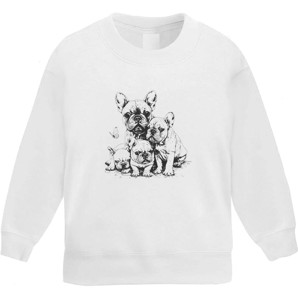 'Bulldog Mum & Puppies' Kids Sweatshirt / Jumper - White, 5-6 Years - Childrens Top for School, Sports, Play and Outdoor Wear (KW00167553)