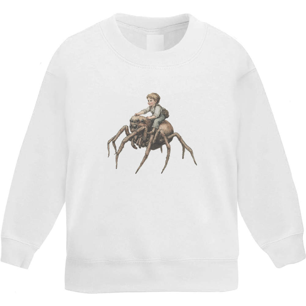 'Boy Riding a Spider' Kids Sweatshirt / Jumper - White, 5-6 Years - Childrens Top for School, Sports, Play and Outdoor Wear (KW00174615)