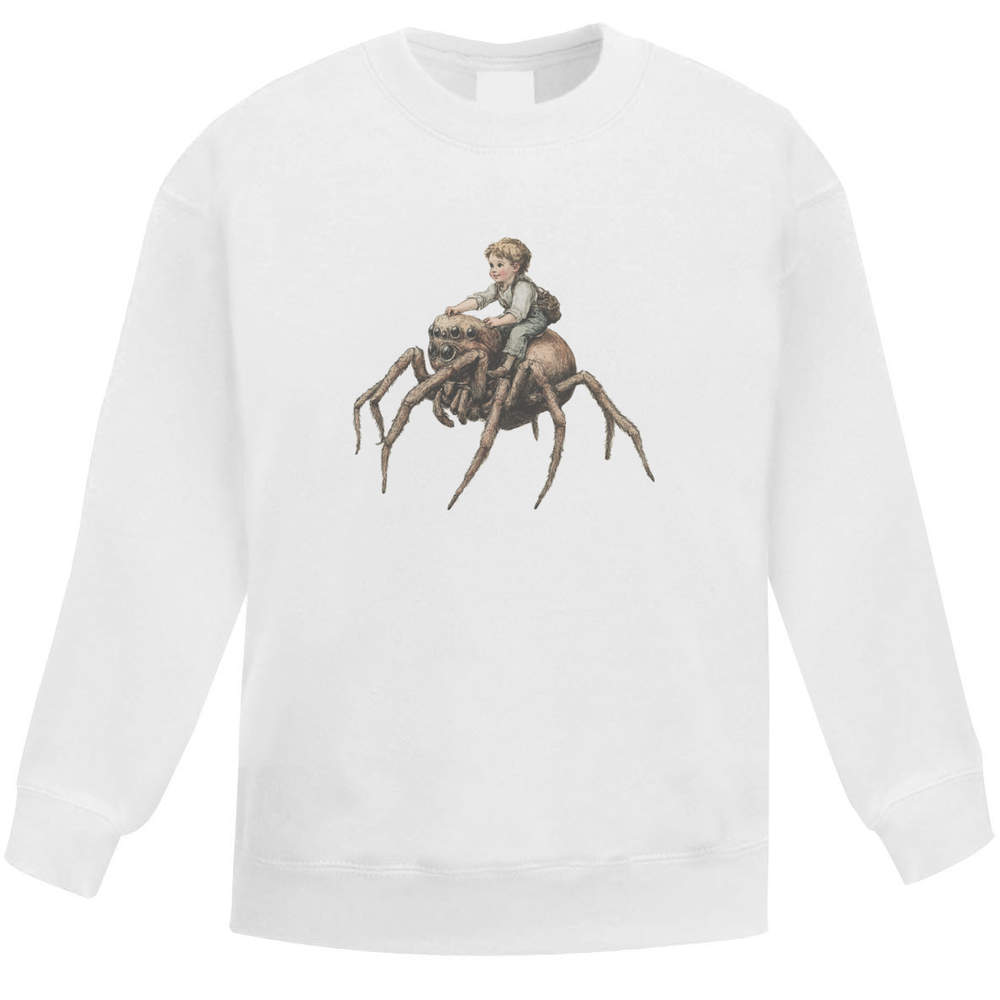 'Boy Riding a Spider' Kids Sweatshirt / Jumper - White, 9-11 Years - Childrens Top for School, Sports, Play and Outdoor Wear (KW00174617)
