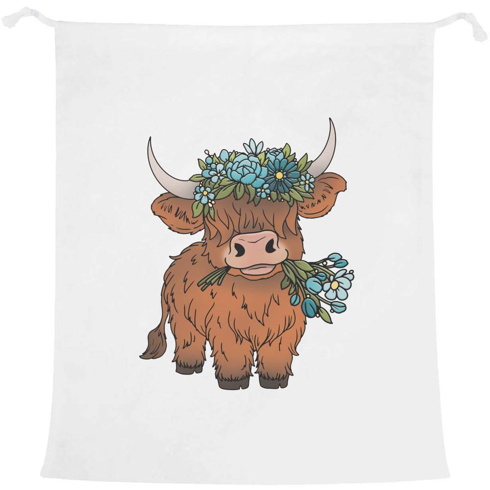 'Highland Cow With Flowers' Laundry / Washing / Storage Bag (LB00034356)