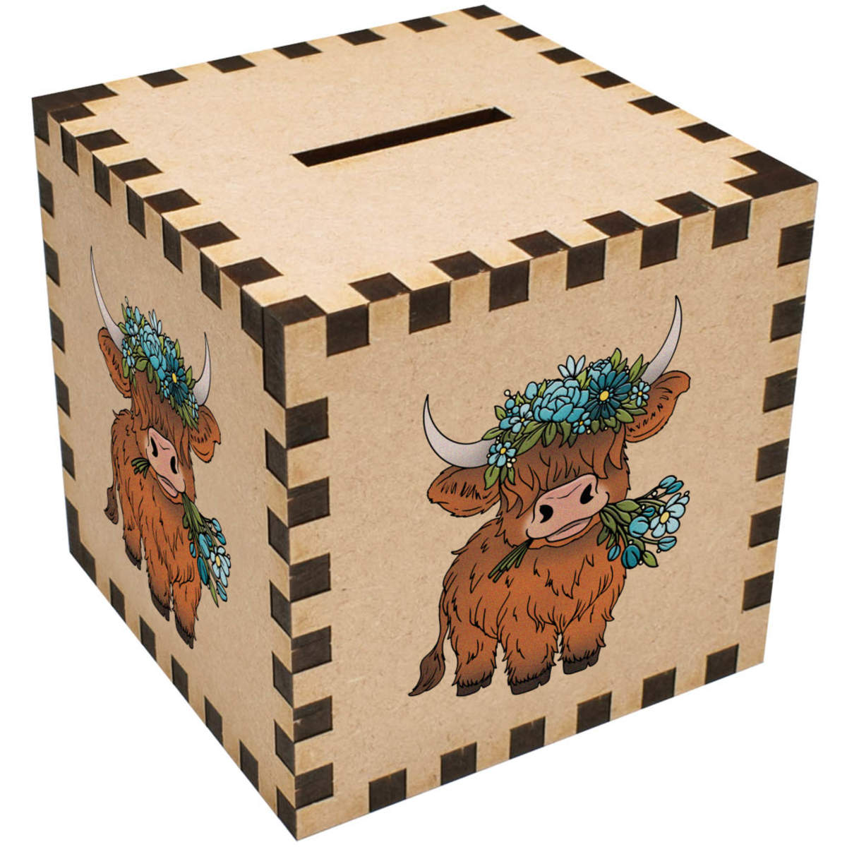 'Highland Cow With Flowers' Money Box / Piggy Bank - Coin Bank / Savings Box for Home and Birthday Gifts (MB00110764)