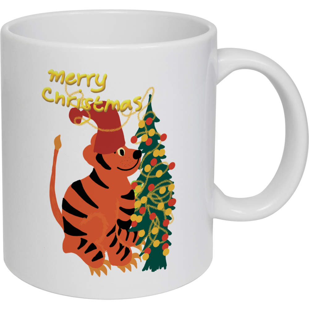 11oz (320ml) 'Tiger Decorating A Christmas Tree' Ceramic Mug / Cup (MG00078541)