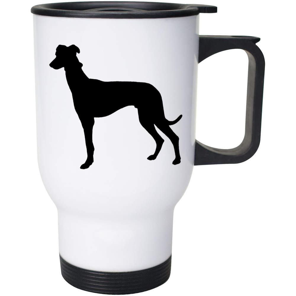 'Greyhound Silhouette' Reusable Travel / Coffee Mug - White, 400ml - Graceful Racing Sighthound Canine Outline - White 14oz Lidded Drinks Cup for Work, Commuting, Cars and Travel (