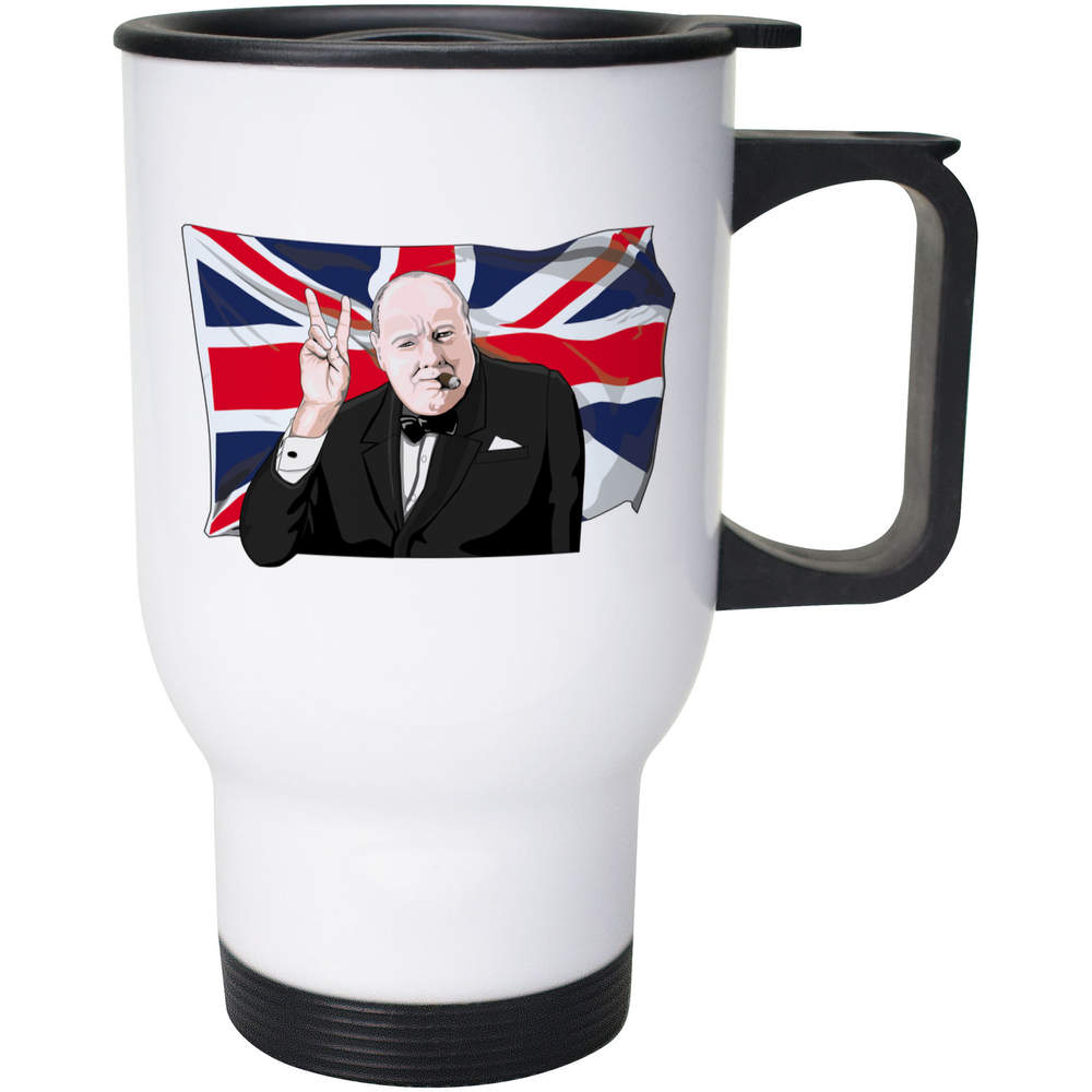 'Winston Churchill' Reusable Travel / Coffee Mug - White, 400ml - White 14oz Lidded Drinks Cup for Work, Commuting, Cars and Travel (MG00030442)