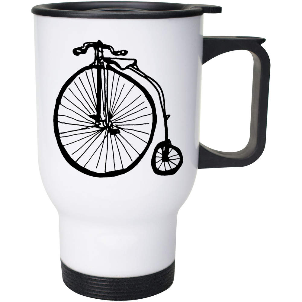 'Penny Farthing' Reusable Travel / Coffee Mug - White, 400ml - White 14oz Lidded Drinks Cup for Work, Commuting, Cars and Travel (MG00032160)