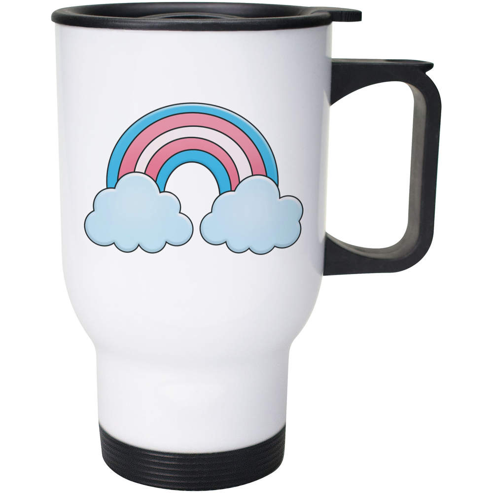 'Trans Pride Rainbow' Reusable Travel / Coffee Mug - White, 400ml - White 14oz Lidded Drinks Cup for Work, Commuting, Cars and Travel (MG00064719)