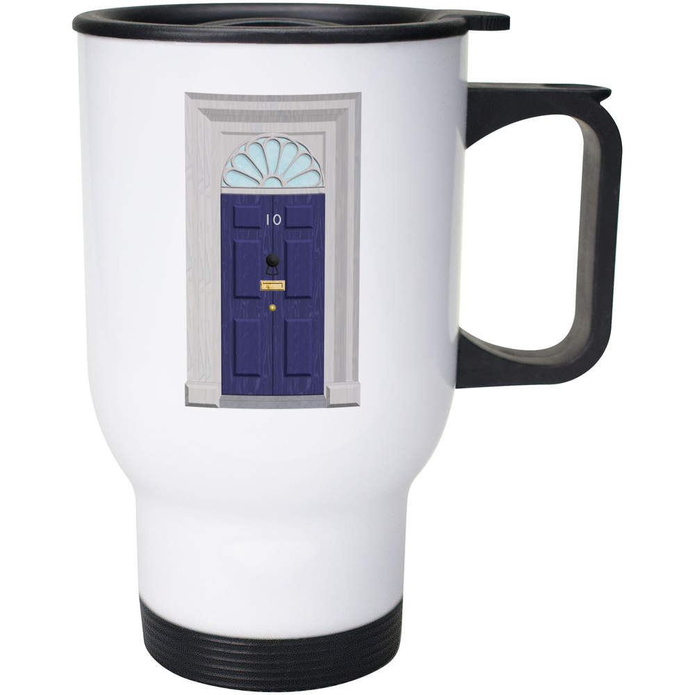'No. 10 Downing Street' Reusable Travel / Coffee Mug - White, 400ml - White 14oz Lidded Drinks Cup for Work, Commuting, Cars and Travel (MG00075346)