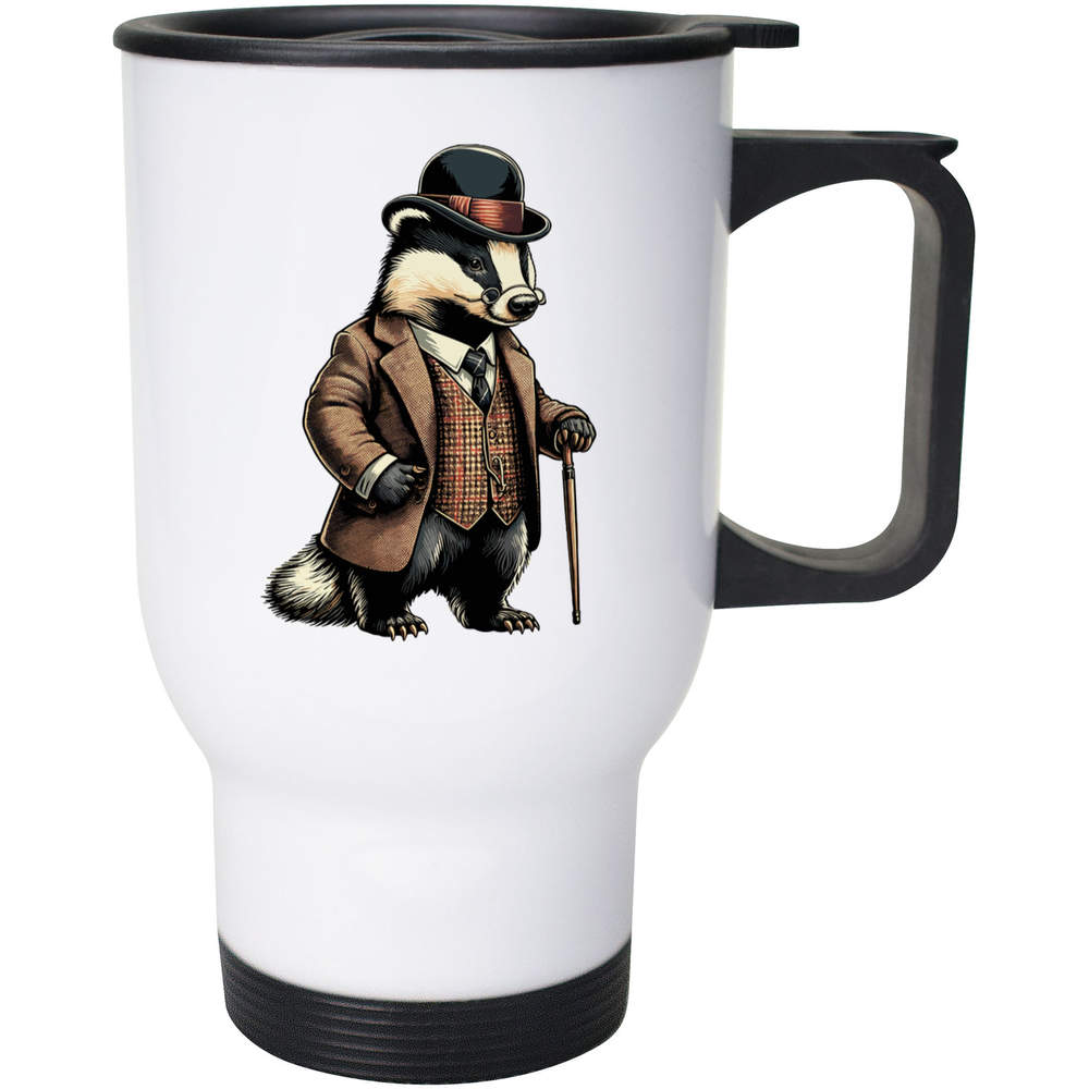 'Badger With Walking Cane' Reusable Travel / Coffee Mug - White, 400ml - White 14oz Lidded Drinks Cup for Work, Commuting, Cars and Travel (MG00080001)