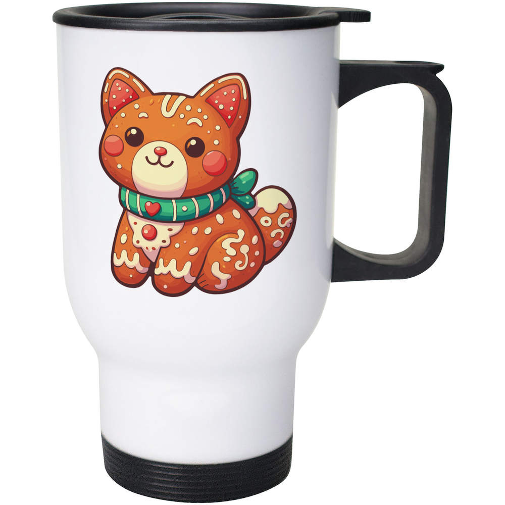 400ml 'Gingerbread Cat With Blue Collar' Reusable Coffee / Travel Mug (MG00080133)