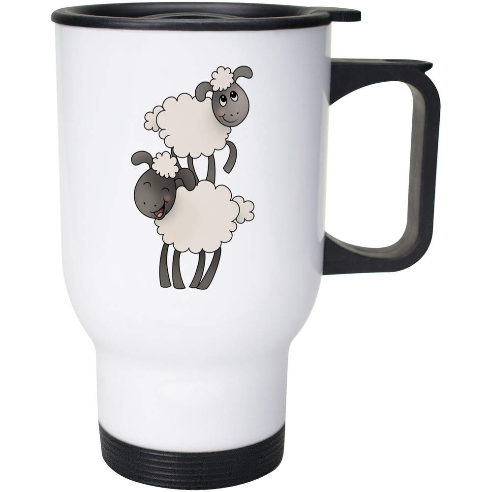'Pair Of Cute Sheep' Reusable Travel / Coffee Mug - White, 400ml - White 14oz Lidded Drinks Cup for Work, Commuting, Cars and Travel (MG00082885)