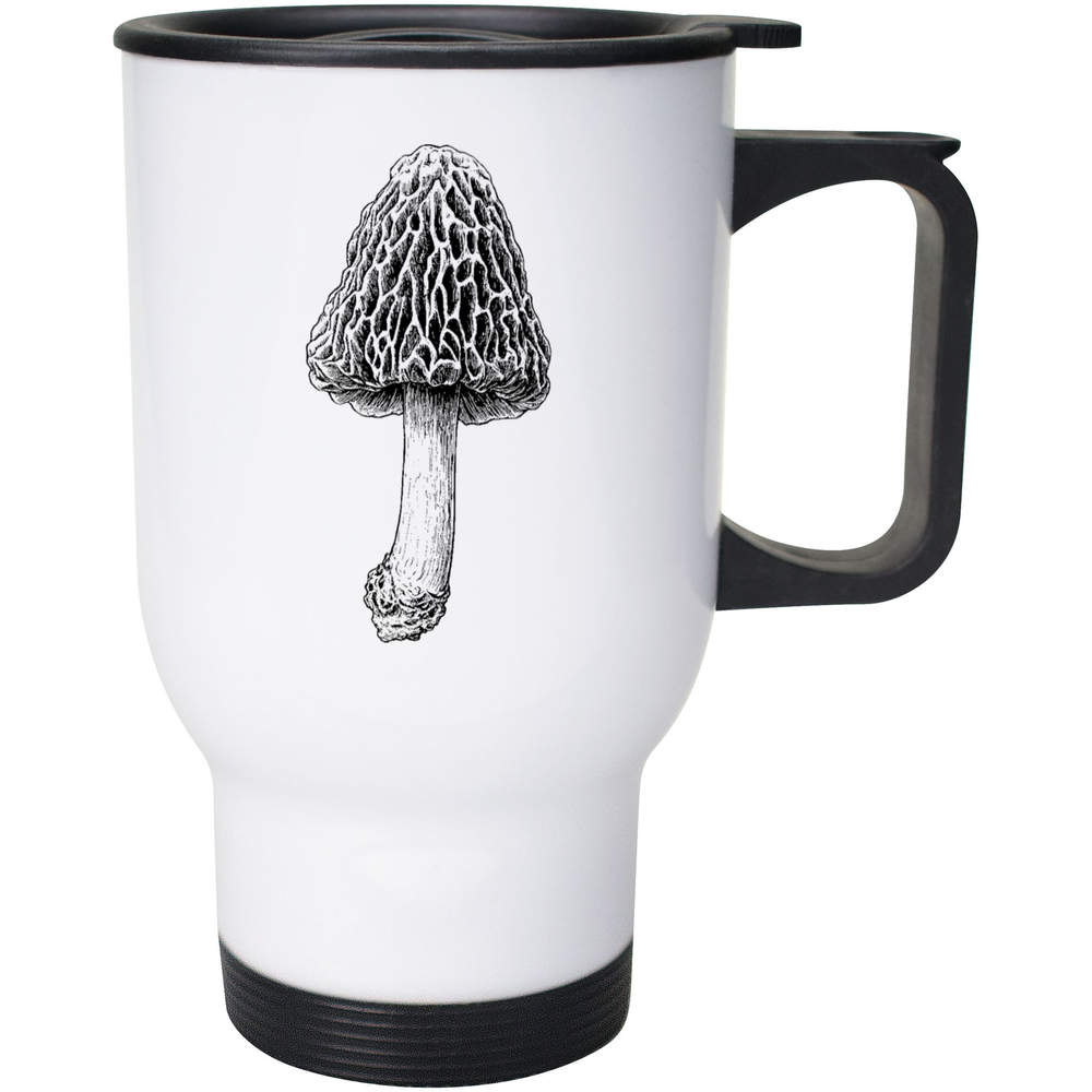 'Morel Mushroom' Reusable Travel / Coffee Mug - White, 400ml - White 14oz Lidded Drinks Cup for Work, Commuting, Cars and Travel (MG00084914)