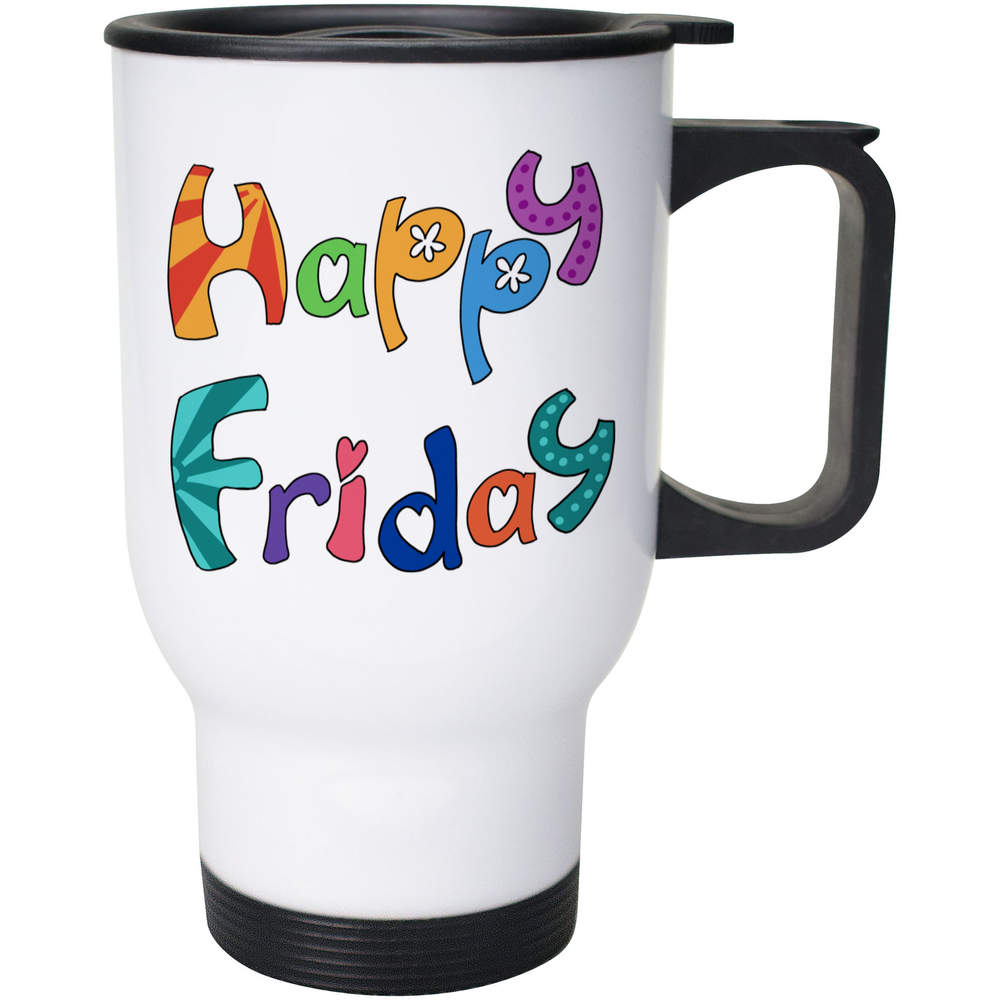 'Happy Friday' Reusable Travel / Coffee Mug - White, 400ml - White 14oz Lidded Drinks Cup for Work, Commuting, Cars and Travel (MG00086654)