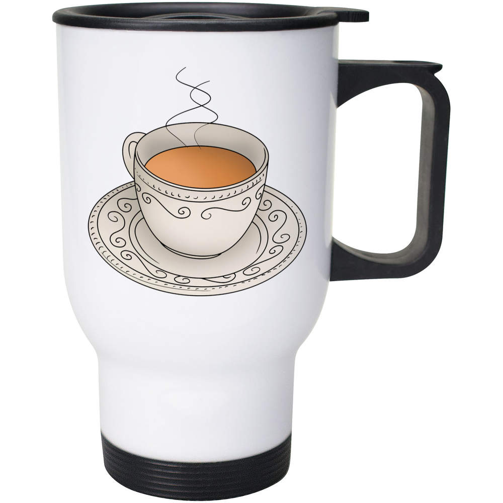 'Steaming Tea Cup' Reusable Travel / Coffee Mug - White, 400ml - White 14oz Lidded Drinks Cup for Work, Commuting, Cars and Travel (MG00087757)