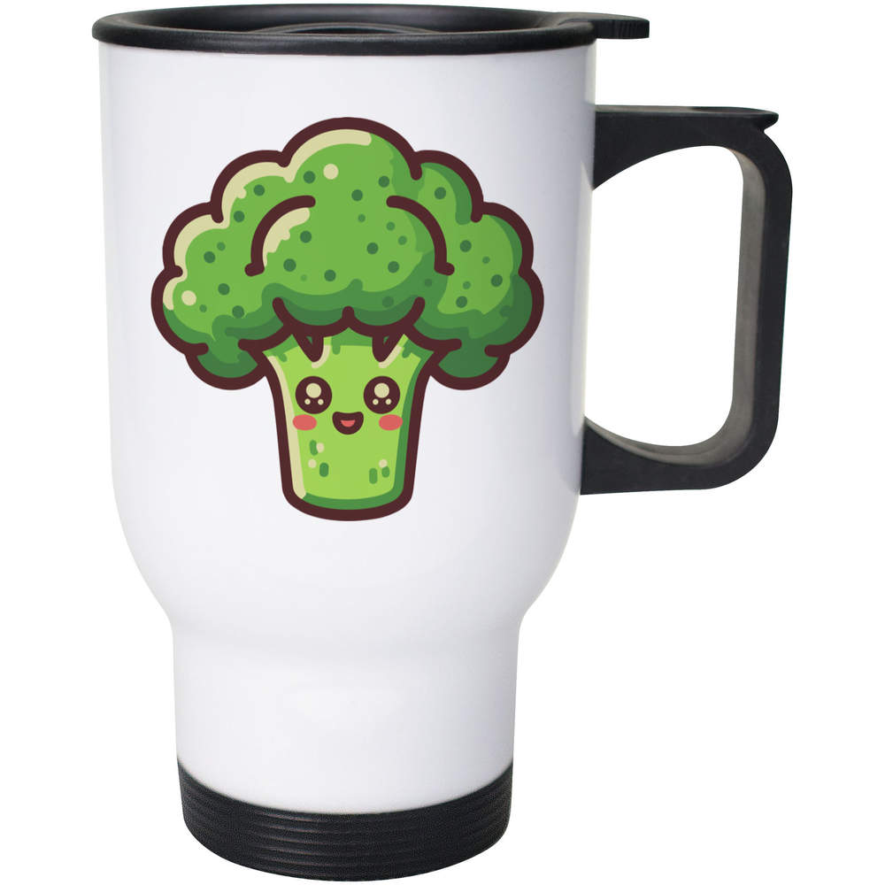 'Cute Broccoli Head' Reusable Travel / Coffee Mug - White, 400ml - White 14oz Lidded Drinks Cup for Work, Commuting, Cars and Travel (MG00090135)