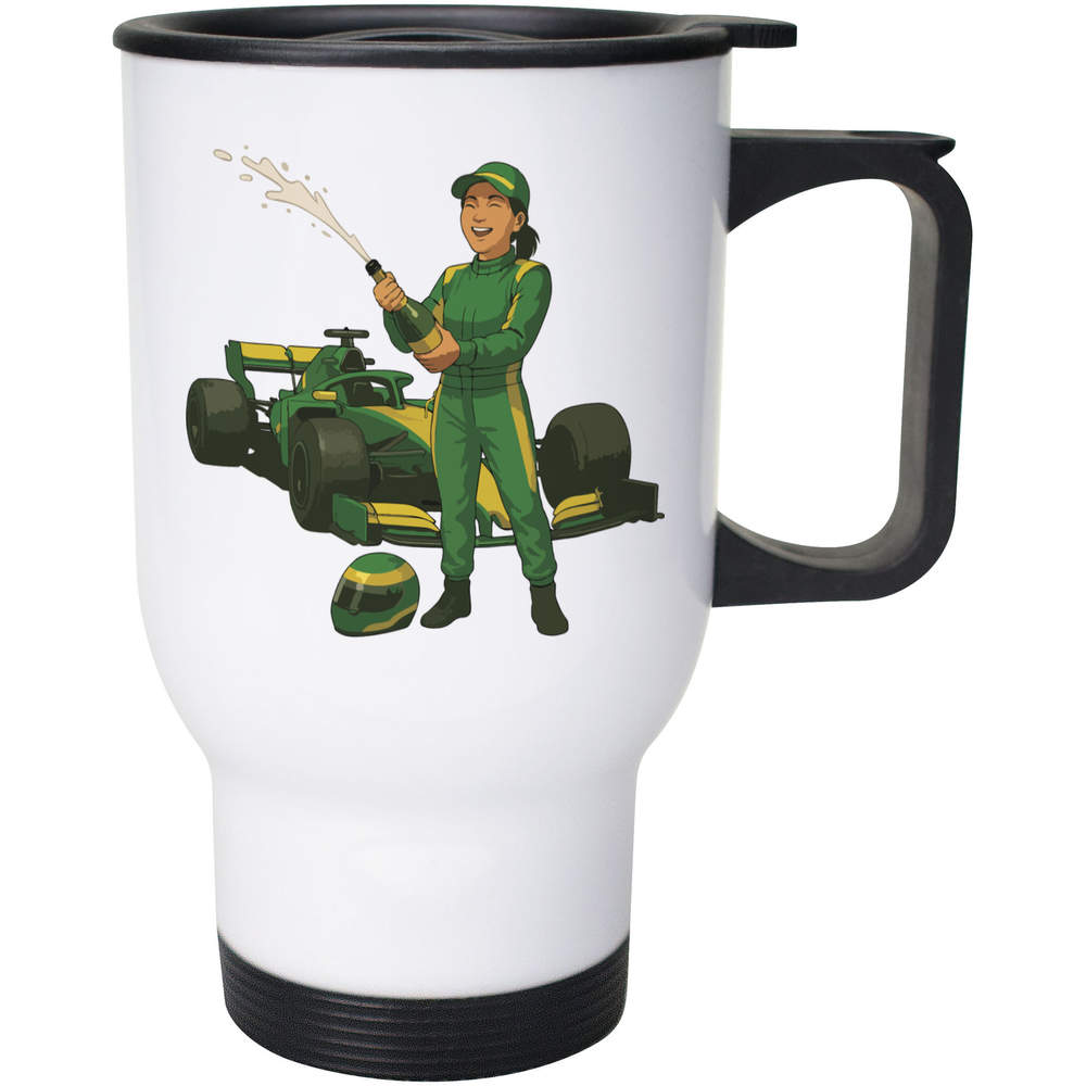 400ml 'Woman Racer Celebrating Victory' Reusable Coffee / Travel Mug (MG00091199)