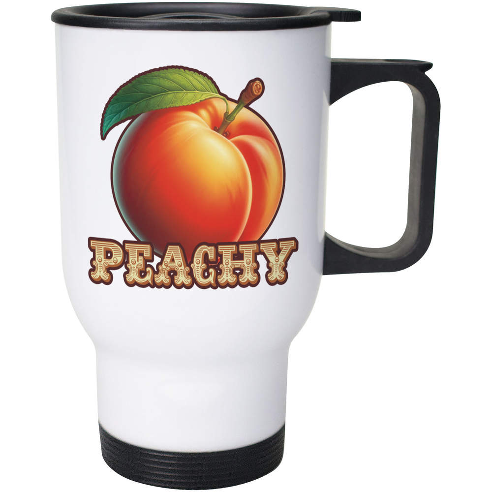 'Juicy Ripe Peach' Reusable Travel / Coffee Mug - White, 400ml - White 14oz Lidded Drinks Cup for Work, Commuting, Cars and Travel (MG00092366)