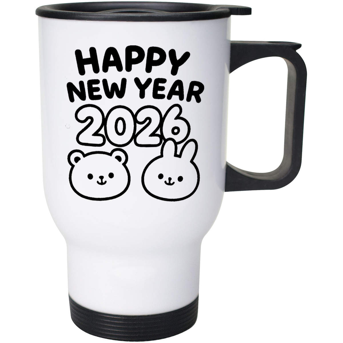 'New Year 2026 Bunny Bear' Reusable Travel / Coffee Mug - White, 400ml - White 14oz Lidded Drinks Cup for Work, Commuting, Cars and Travel (MG00096416)