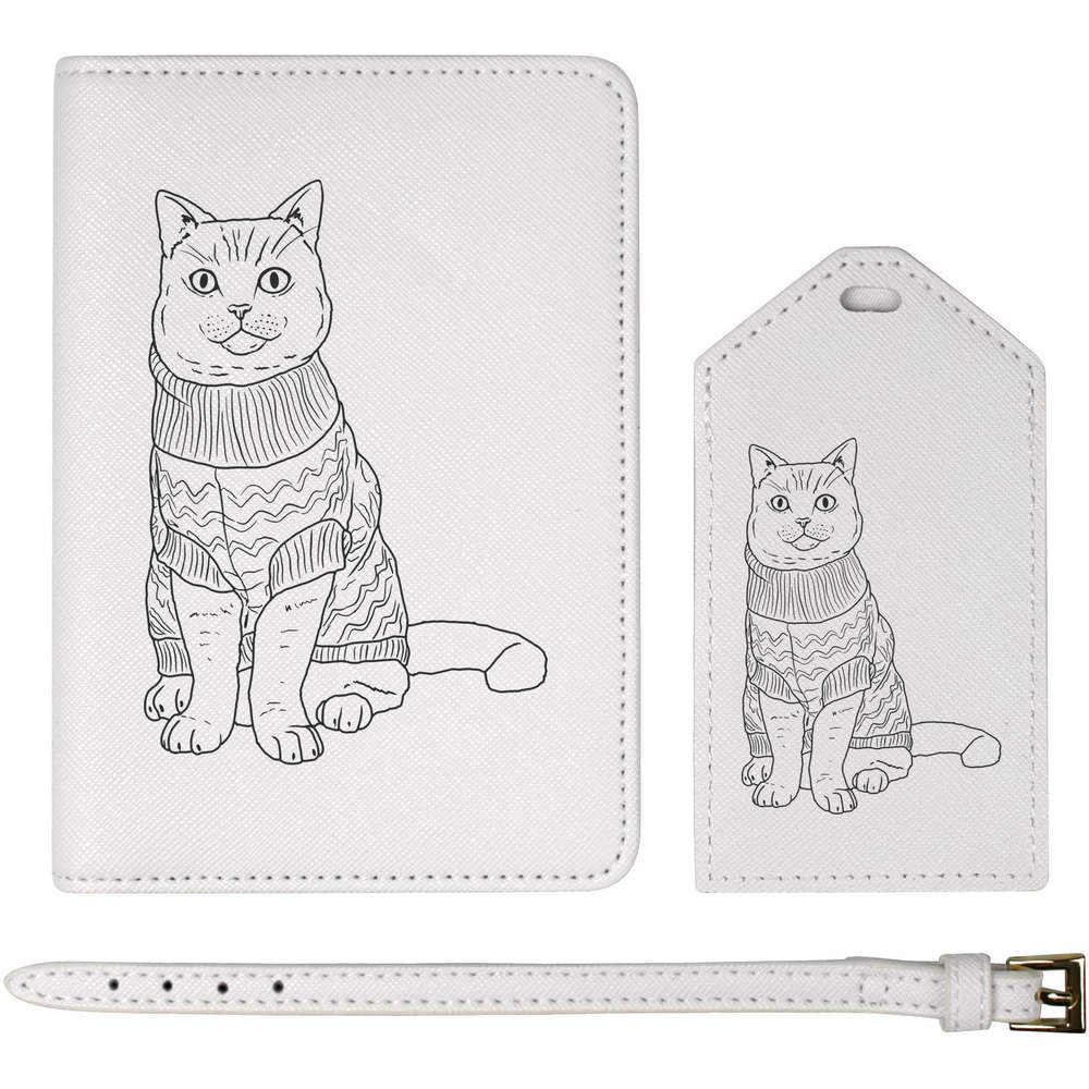 'Cat In Christmas Jumper' Passport Cover & Luggage Tag Travel Set (PA00014698)