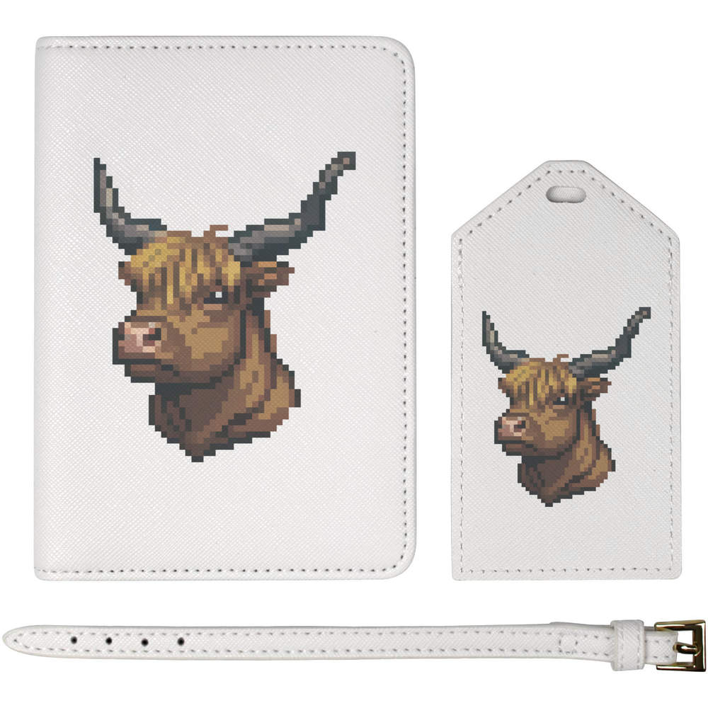 'Pixel Art Highland Cow' Passport Cover & Luggage Tag Travel Set (PA00026369)