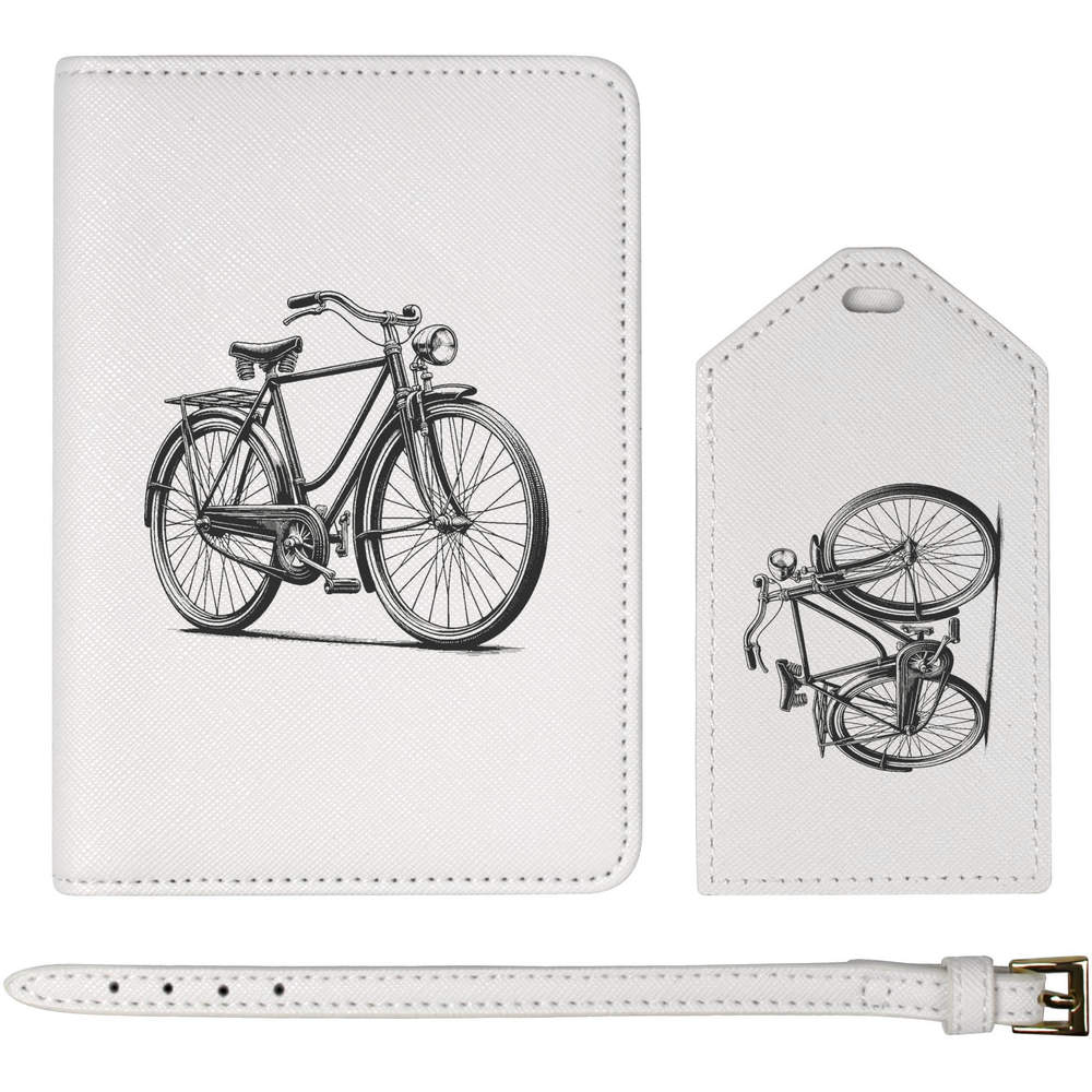 'Classic Vintage Bicycle' Passport Cover & Luggage Tag Set - White - Travel Accessories for Holidays, Flights, Suitcases and Gifts (PA00028951)