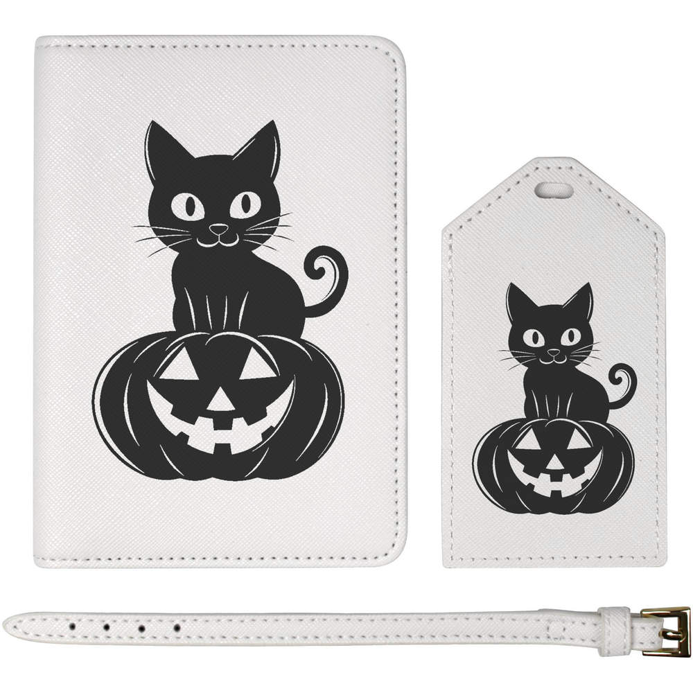 'Cat on Halloween Pumpkin' Passport Cover & Luggage Tag Travel Set (PA00031046)