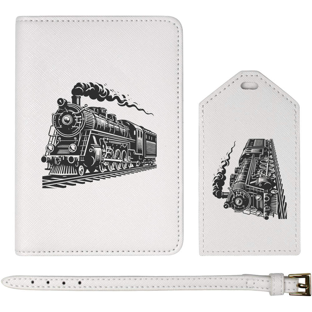 'Steam Railway Locomotive' Passport Cover & Luggage Tag Set - White - Travel Accessories for Holidays, Flights, Suitcases and Gifts (PA00035137)