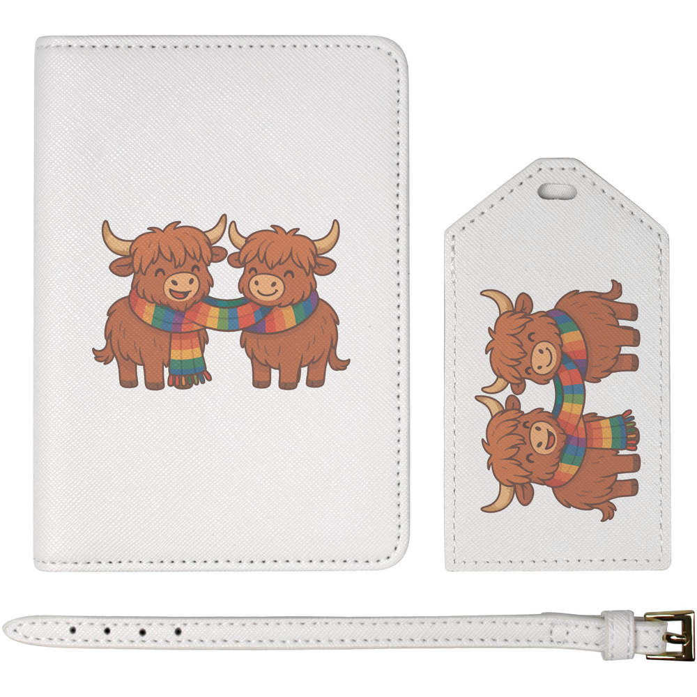 'Winter Highland Cows' Passport Cover & Luggage Tag Set - White - Travel Accessories for Holidays, Flights, Suitcases and Gifts (PA00038007)