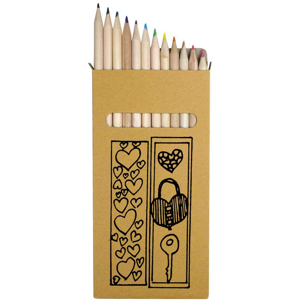 12 x 'Hearts With Lock & Key' Long 178mm Coloured Pencils / Pencil Set (PE00006046)