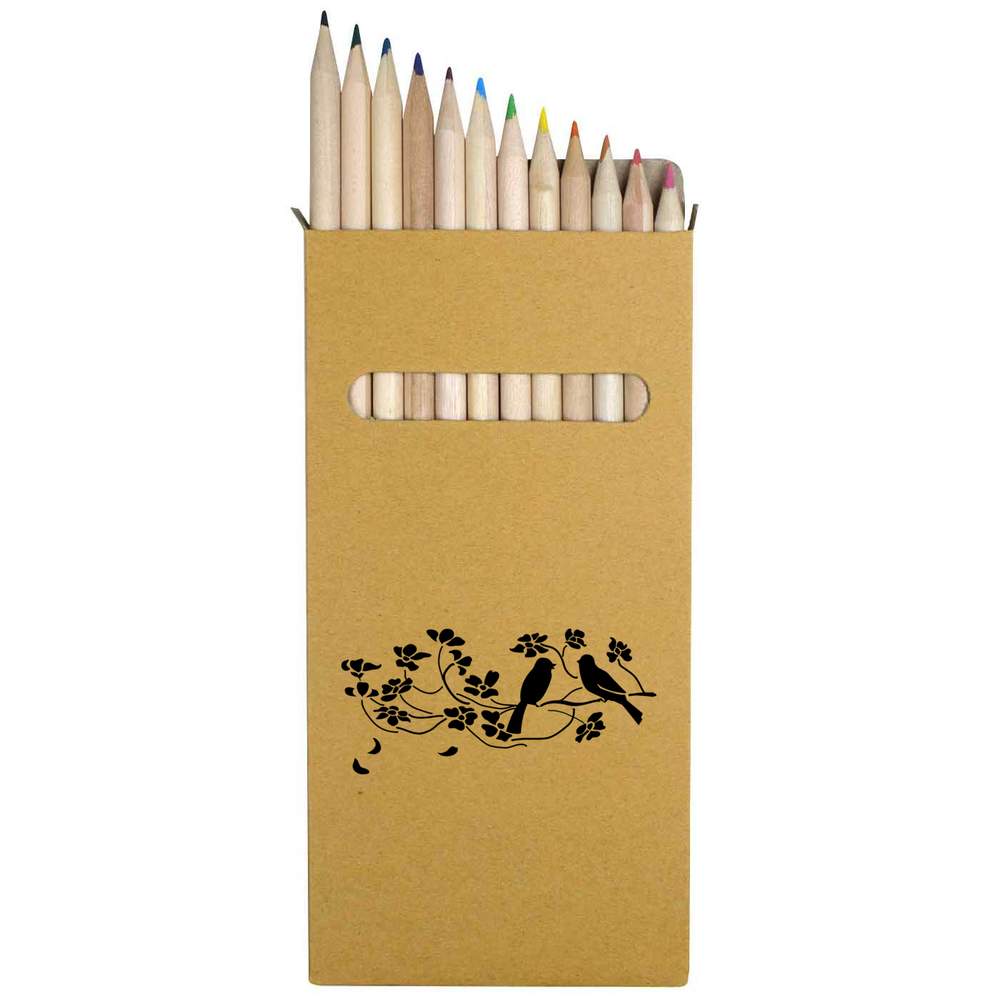 12 x 'Birds On A Branch' Long 178mm Coloured Pencils / Pencil Set (PE00012868)