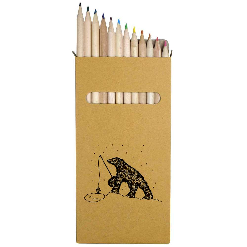 12 x 'Fishing Bear' Long 178mm Coloured Pencils / Pencil Set (PE00042827)