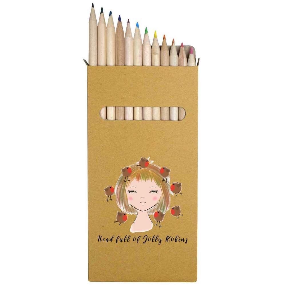 12 x 'Head Full of Jolly Robins' Long 178mm Coloured Pencils / Pencil Set (PE00067623)