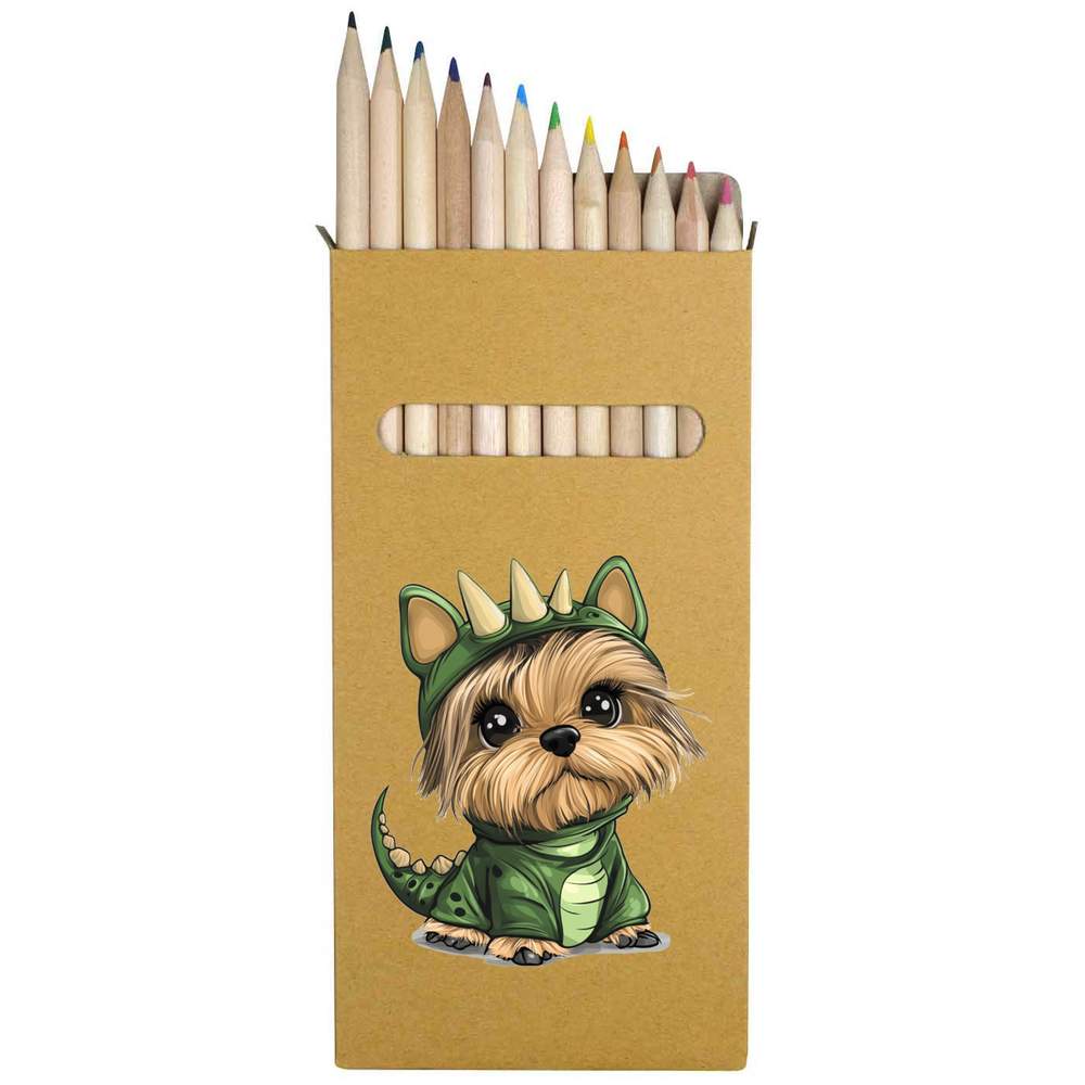 12 x 'Cute Yorkshire Terrier Puppy in Dino Costume' Long 178mm Coloured Pencils / Pencil Set (PE00068705)
