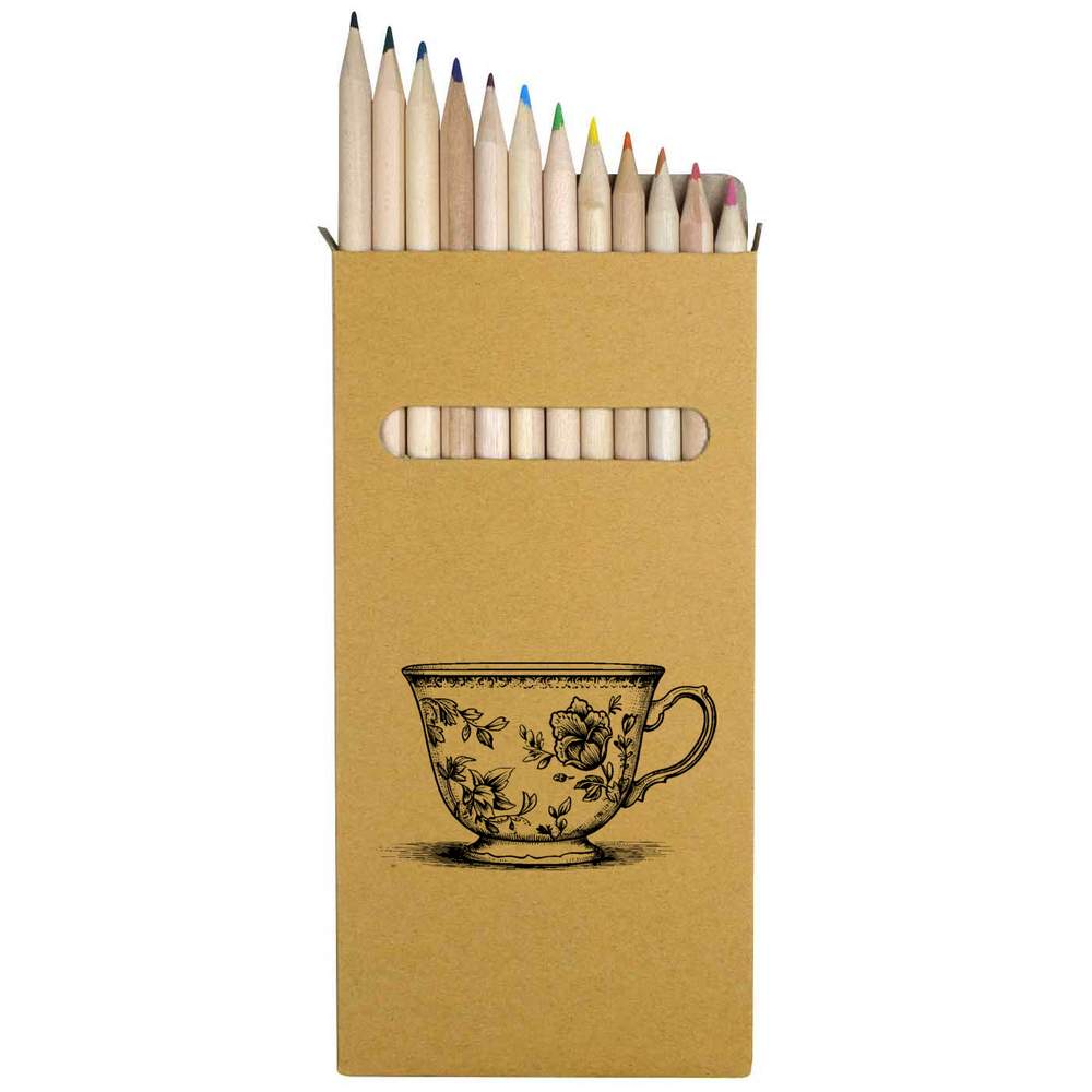 12 x 'Single Vintage Teacup' Long 178mm Coloured Pencils / Pencil Set (PE00072719)
