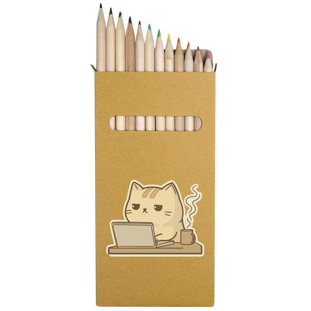 12 x 'Working Cat with Coffee' Long 178mm Coloured Pencils / Pencil Set (PE00075605)