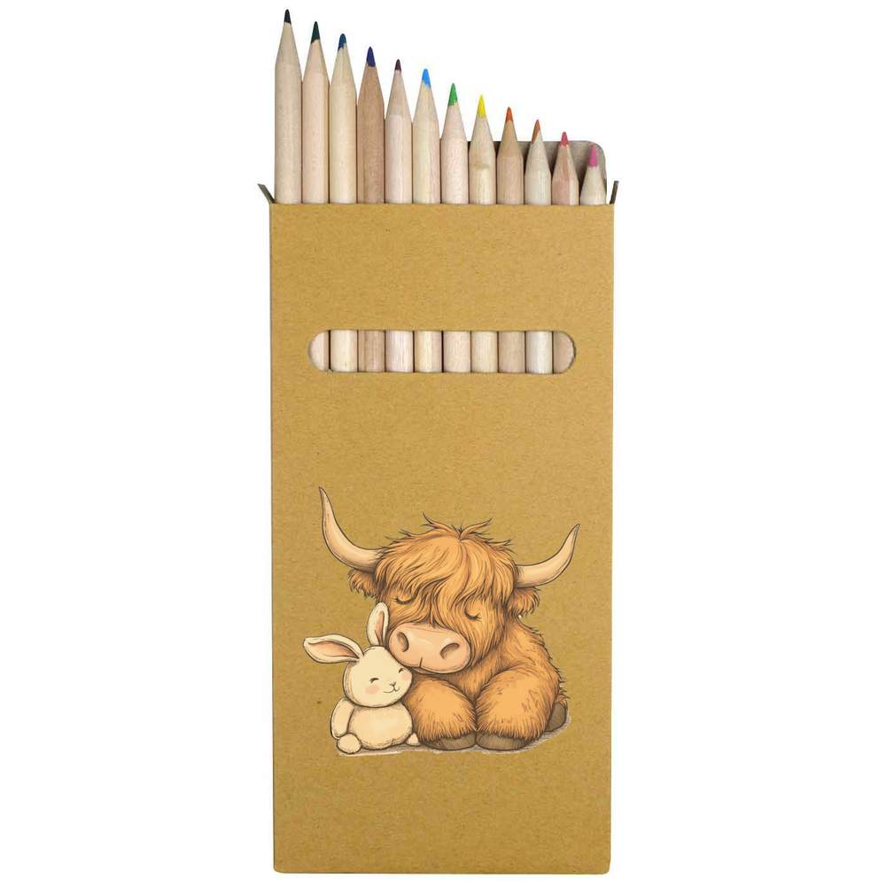 12 x 'Sleeping Highland Cow Cuddling with Bunny Toy' Long 178mm Coloured Pencils / Pencil Set (PE00075715)
