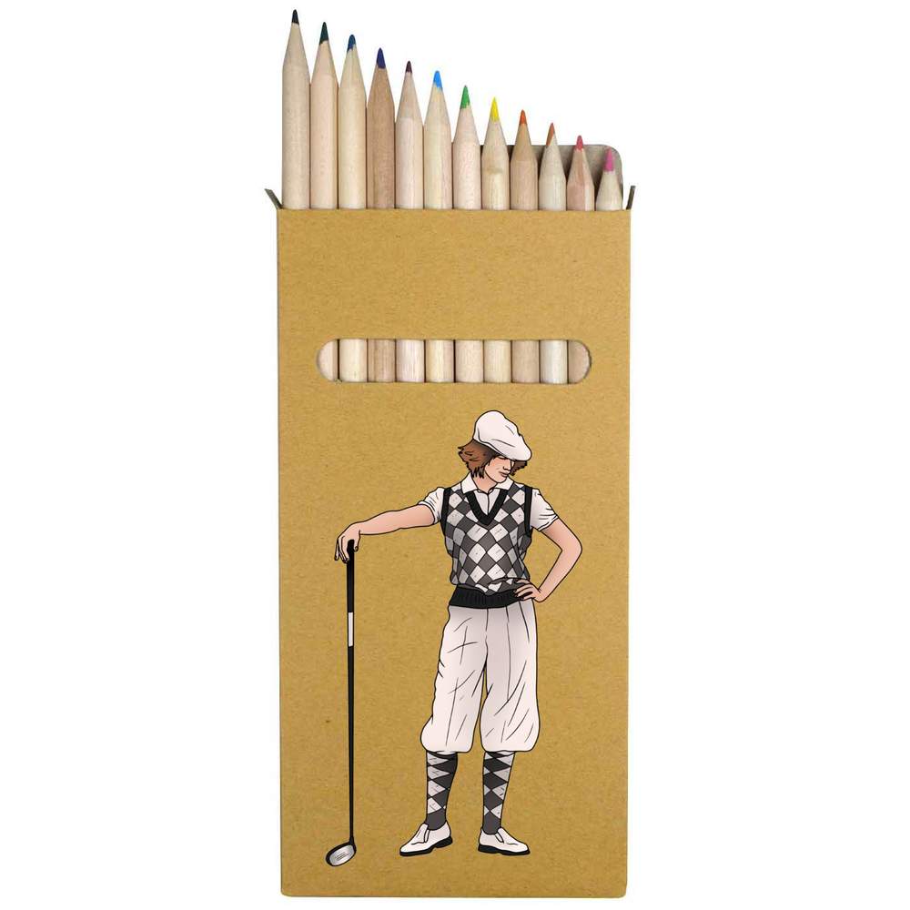 12 x 'Stylish Lady Golfer' Long 178mm Coloured Pencils / Pencil Set (PE00079569)