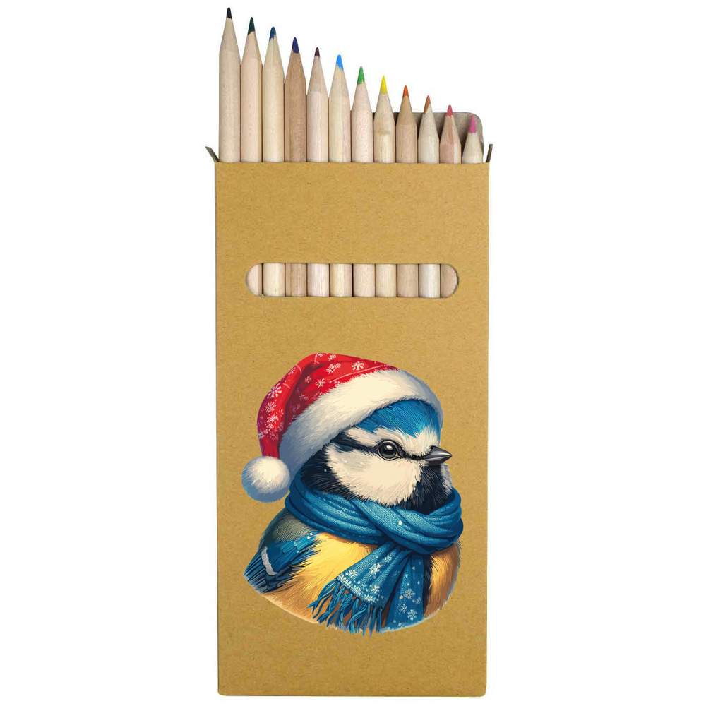 12 x 'Blue Tit Wearing Santa Hat' Long 178mm Coloured Pencils / Pencil Set (PE00081041)