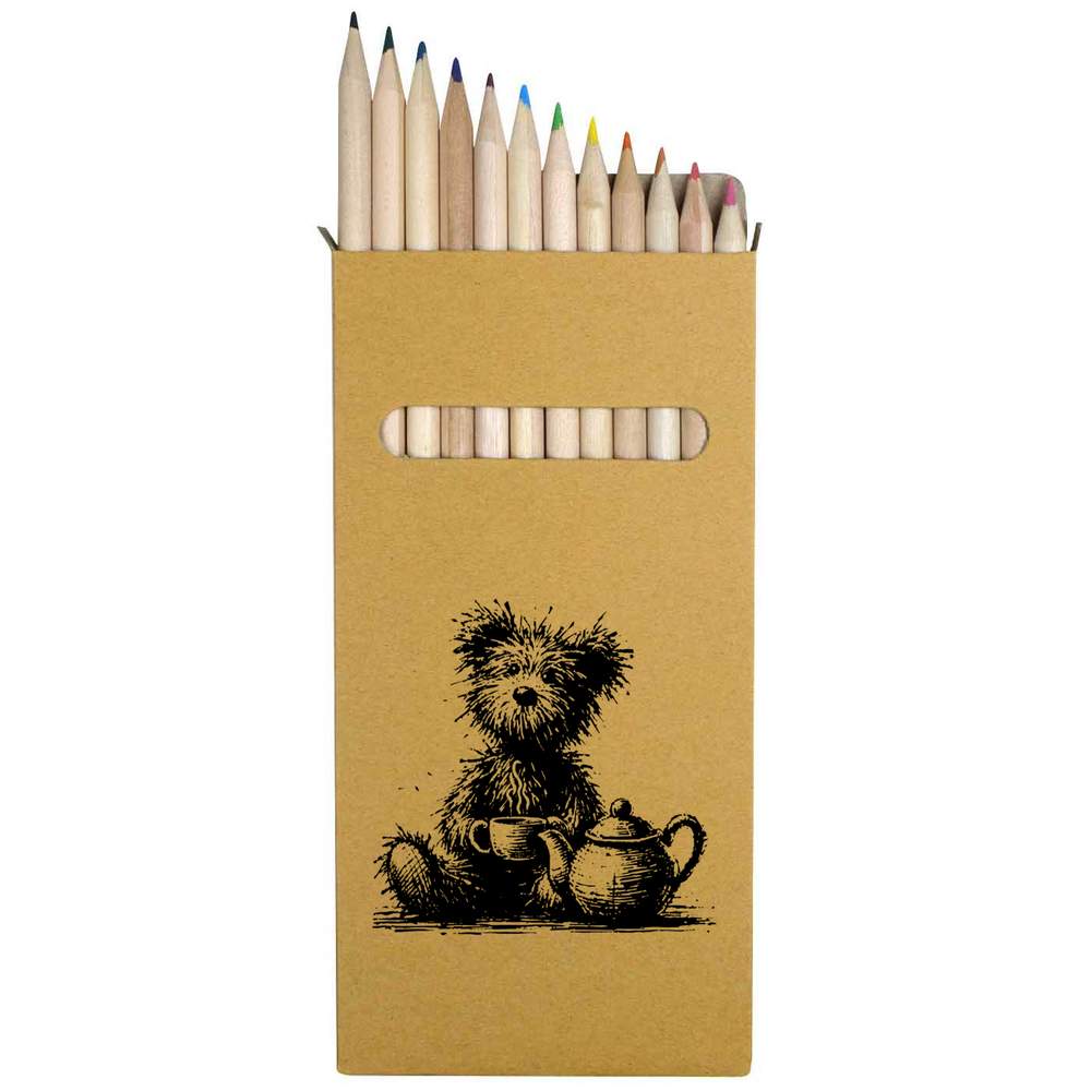12 x 'Scruffy Teddy Tea Time' Long 178mm Coloured Pencils / Pencil Set (PE00083735)